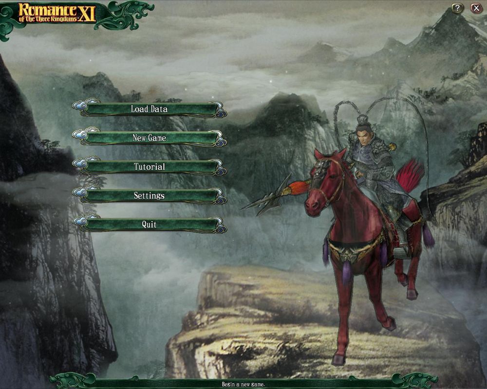 Romance of the Three Kingdoms XI (Windows) screenshot: Main Menu - Each selection presents a different animated hero. Here we have the warrior Lu Bu on his horse, the Red Hare.