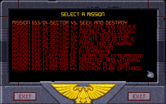 Space Crusade (DOS) screenshot: Mission selection
