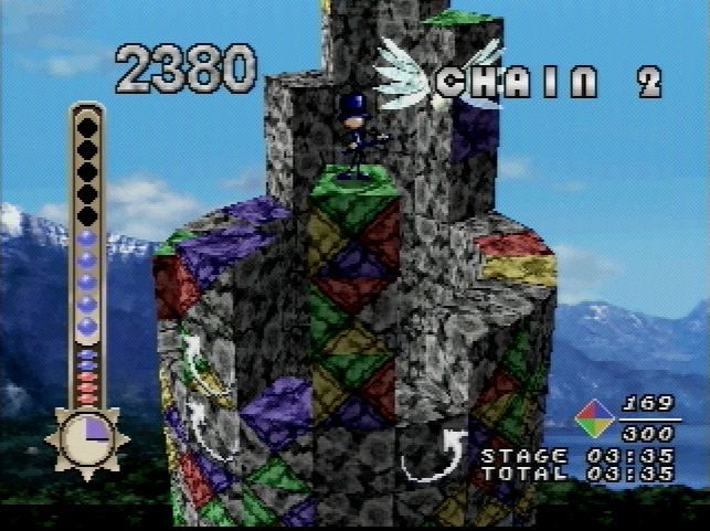 Tall: Infinity (PlayStation) screenshot: Matching colors between two blocks will build up to tower. Avoid making chasms as they can be hard to fill in a hurry.