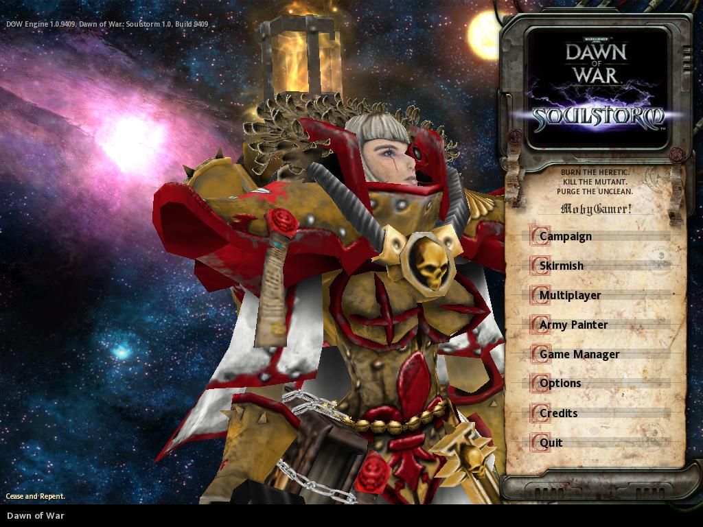 Warhammer 40,000: Dawn of War - Soulstorm (Windows) screenshot: Main Menu - Portraying the default animated Sisters of Battle heroine.