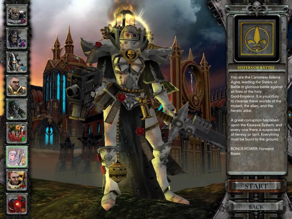 Warhammer 40,000: Dawn of War - Soulstorm (Windows) screenshot: Character/Race Selection - There are 9 available races to choose from, each with different bonuses and special units.