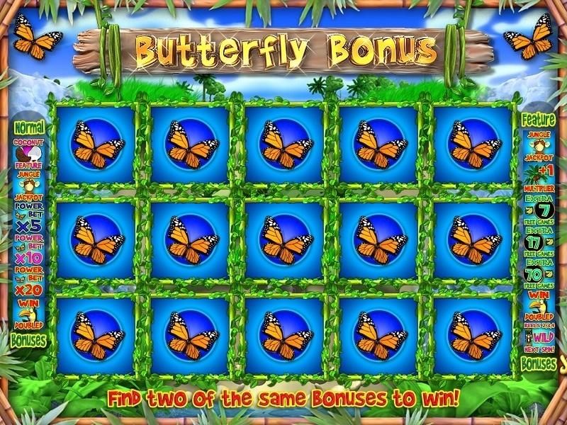 Monkey Money (Windows) screenshot: If you get three butterflies on the wheels, you play this matching game to increase you bet, free games or play a mini-game.