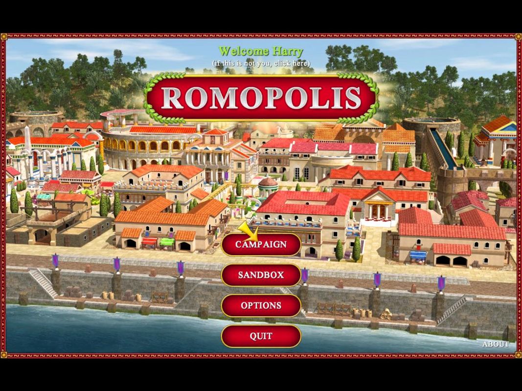 Romopolis (Windows) screenshot: Title screen and main menu