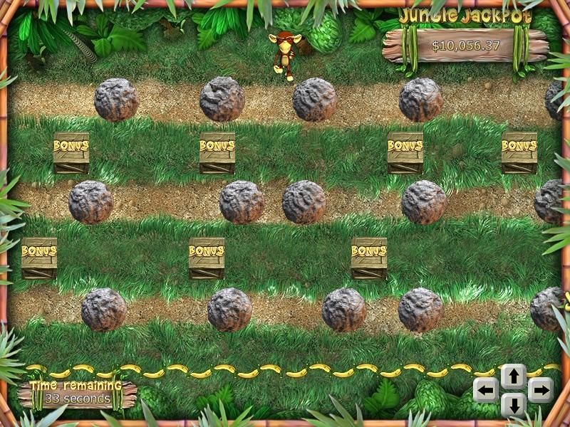 Monkey Money (Windows) screenshot: I need to get the monket from the top to the bottom without getting hit by stones in 35 seconds or less.