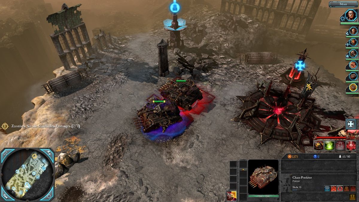 Warhammer 40,000: Dawn of War II - Retribution (Windows) screenshot: Chaos Predators - the armoured fist of the Chaos - receives blessings from the dark gods. Blue = Slaanesh, red = Khorne