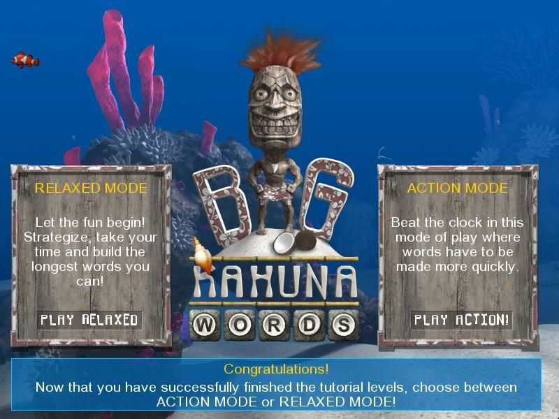 Big Kahuna Words (Windows) screenshot: Play relaxed (untimed) or action (timed)?
