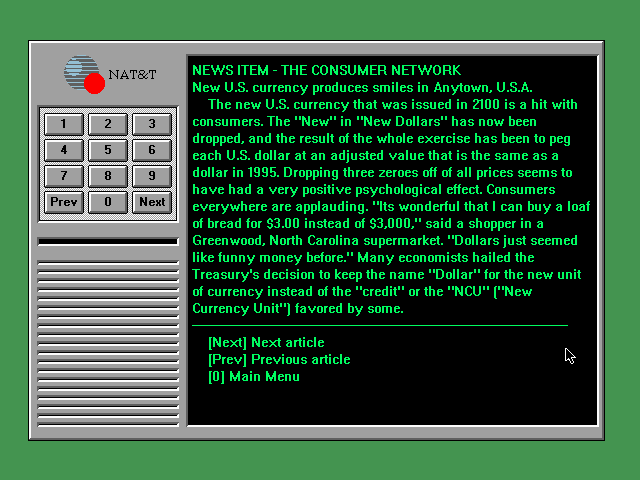 Frederik Pohl's Gateway (DOS) screenshot: News from Earth from the year 2102 - not so funny anymore given the current (2009) crisis?