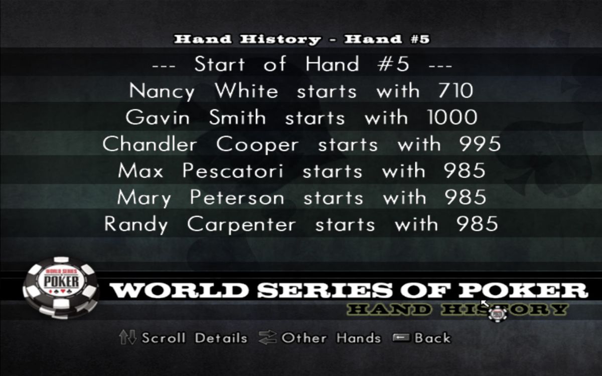 World Series of Poker 2008: Battle for the Bracelets (Windows) screenshot: Hand history screen.