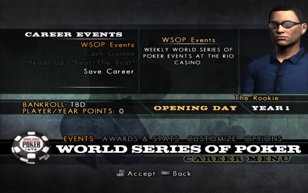 World Series of Poker 2008: Battle for the Bracelets (Windows) screenshot: Career events.