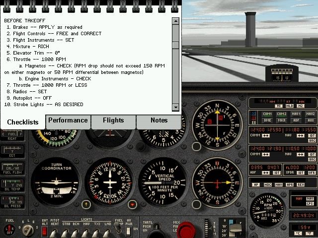 Pro Pilot '99 (Windows) screenshot: In-cockpit with the preflight checklist.
