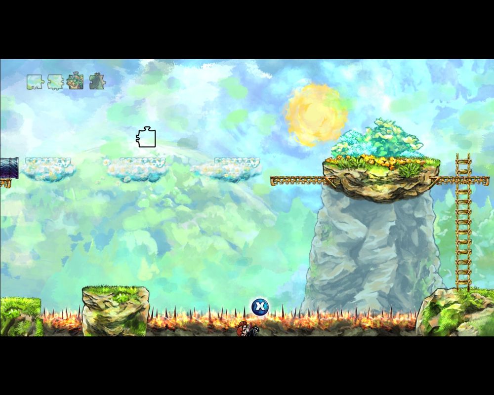 Braid (Windows) screenshot: Actually, Tim can't die. Just rewind time back.