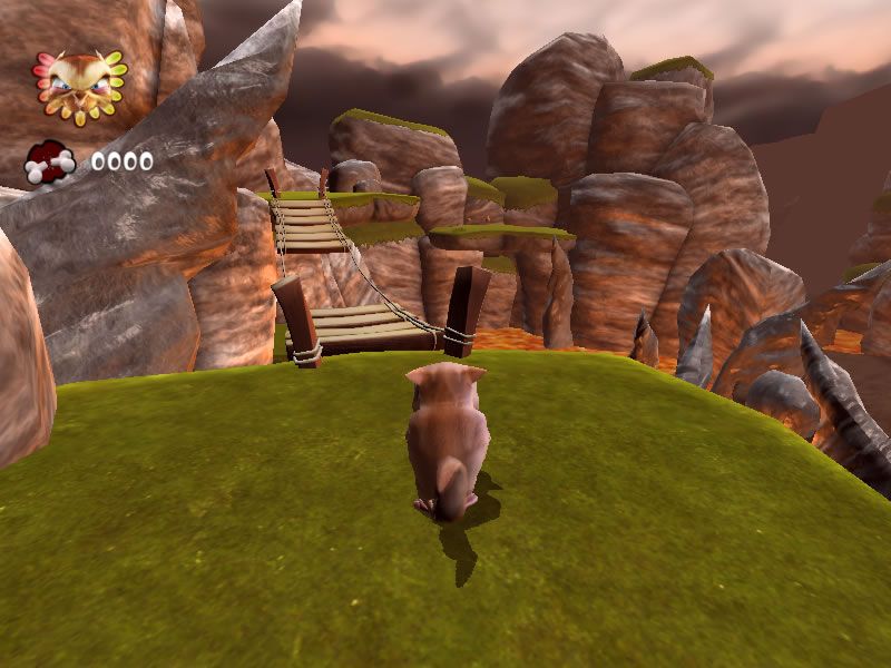 Yo Frankie! (Windows) screenshot: Double jump and glide to get over the bridge.