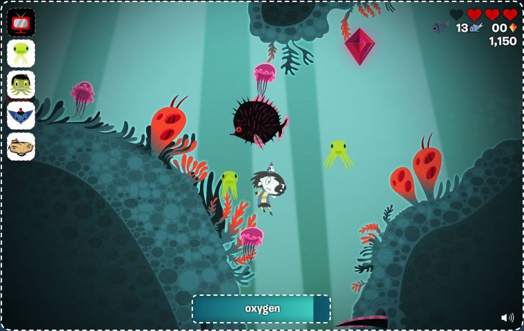 Scarygirl (Browser) screenshot: Underwater, collecting squids while avoiding enemies.