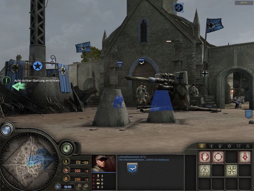 Company of Heroes: Tales of Valor (Windows) screenshot: Placing a canon in front of the church to defend against tanks.
