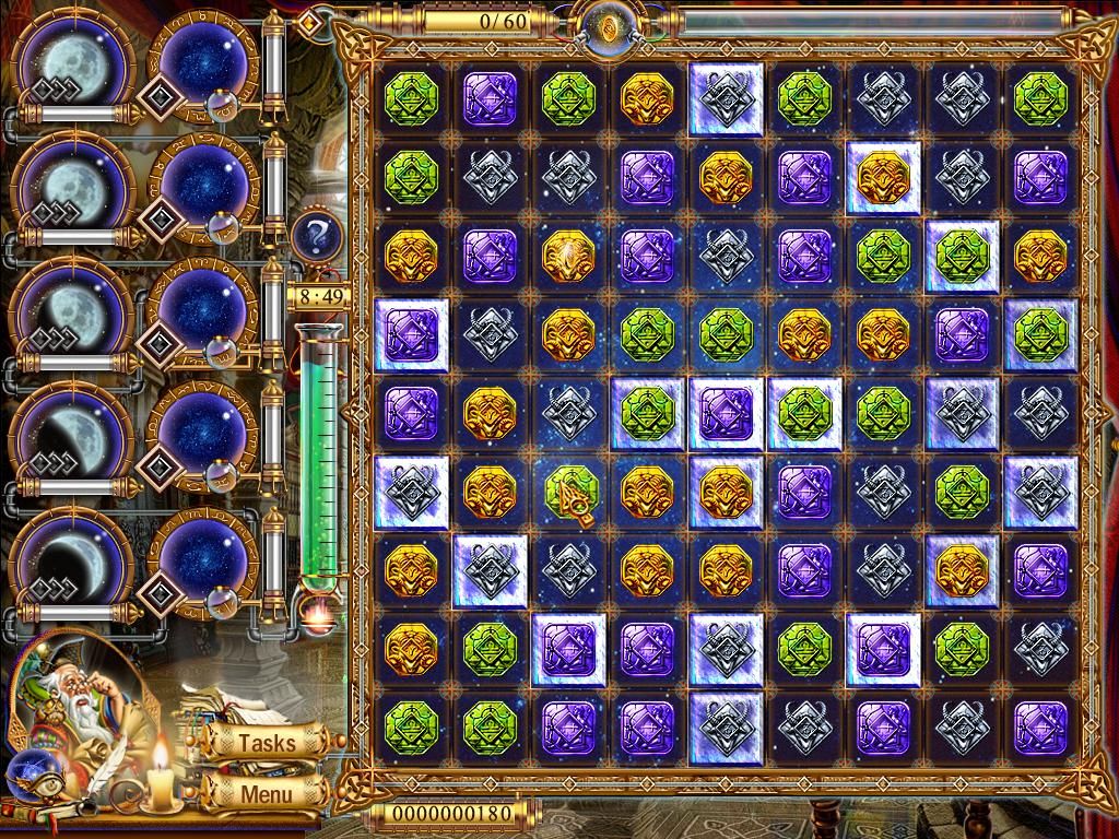 Alchemist's Apprentice (Windows) screenshot: The cells with the light areas are frozen. I have to collect the correct amount of gold and make matches over the frozen cells to release them.