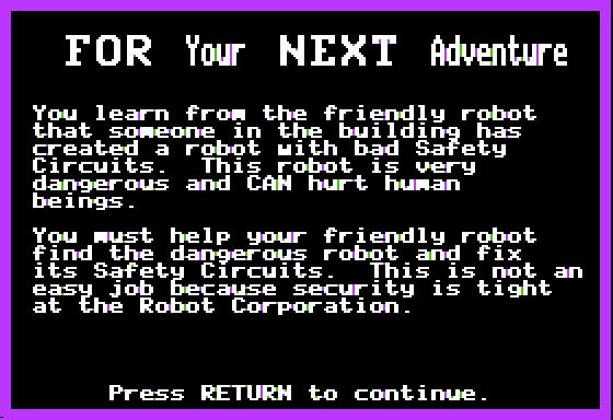 FOR your NEXT Adventure (Apple II) screenshot: Story