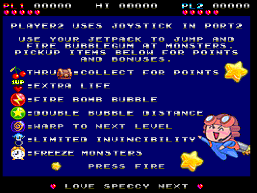 Bubblegum Bros. (ZX Spectrum Next) screenshot: Instruction screen.
