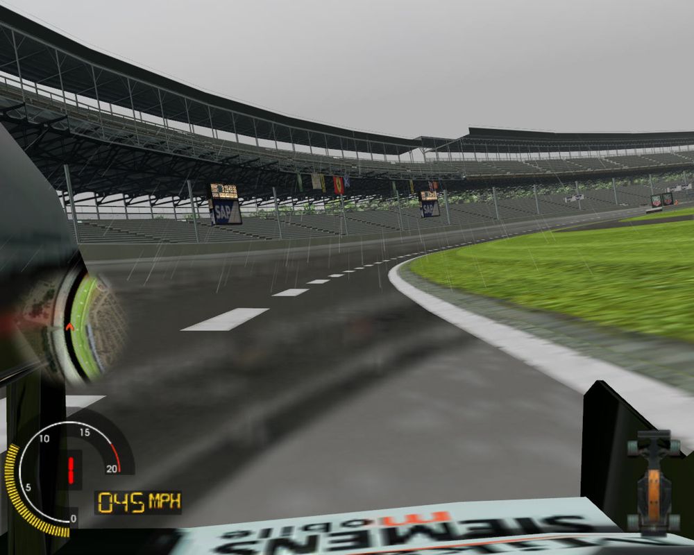 Grand Prix 4 (Windows) screenshot: Front wing view at Indianapolis track.