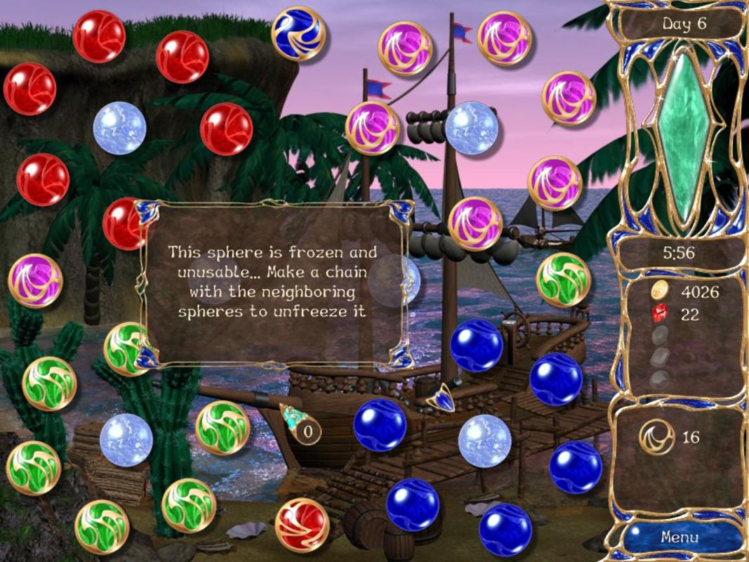 Dreamsdwell Stories (Windows) screenshot: A frozen sphere cannot be used to make a match until you unfreeze it by making a match next to it.