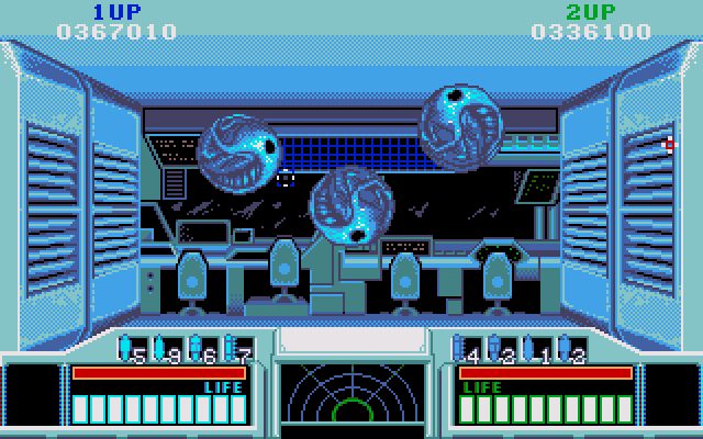 Space Gun (Amiga) screenshot: Mission 6. Be careful not to destroy the cockpit