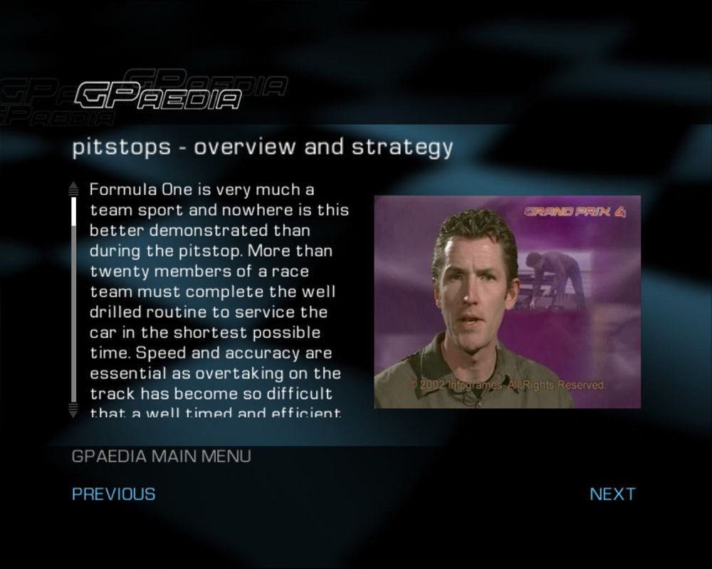 Grand Prix 4 (Windows) screenshot: GPaedia shows hints and tips.