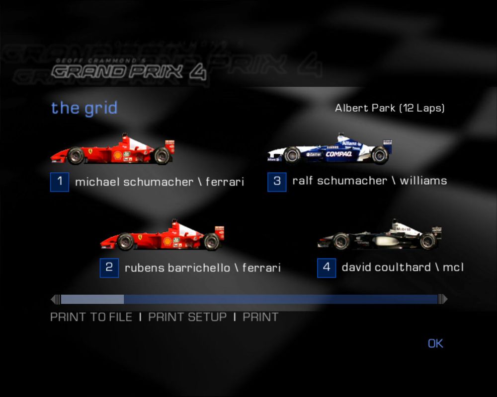 Grand Prix 4 (Windows) screenshot: Race starting grid.