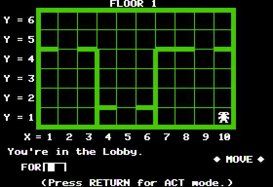 FOR your NEXT Adventure (Apple II) screenshot: Exploring the Bottom Floor