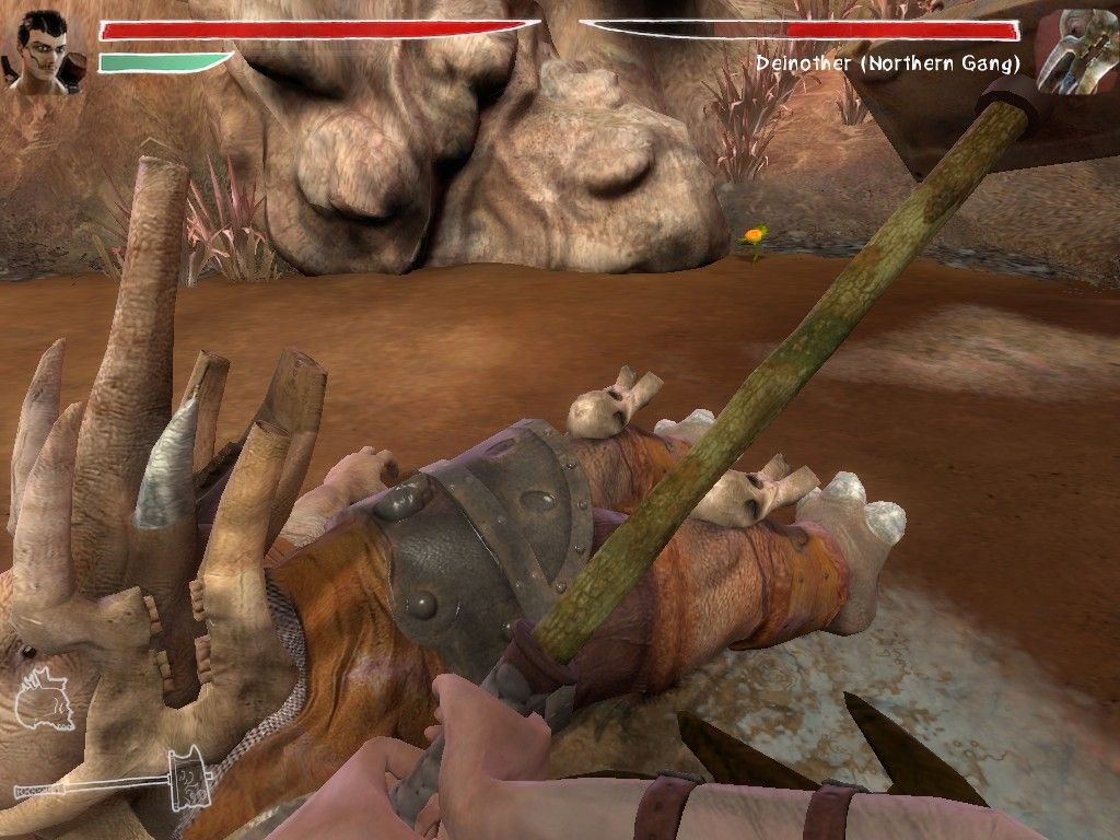 Zeno Clash (Windows) screenshot: An elephant-like creature has been knocked down.