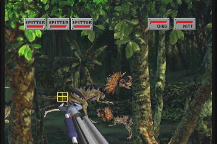 Jurassic Park Interactive (3DO) screenshot: The "Spitter Shoot" minigame acts like a boardwalk shooter.