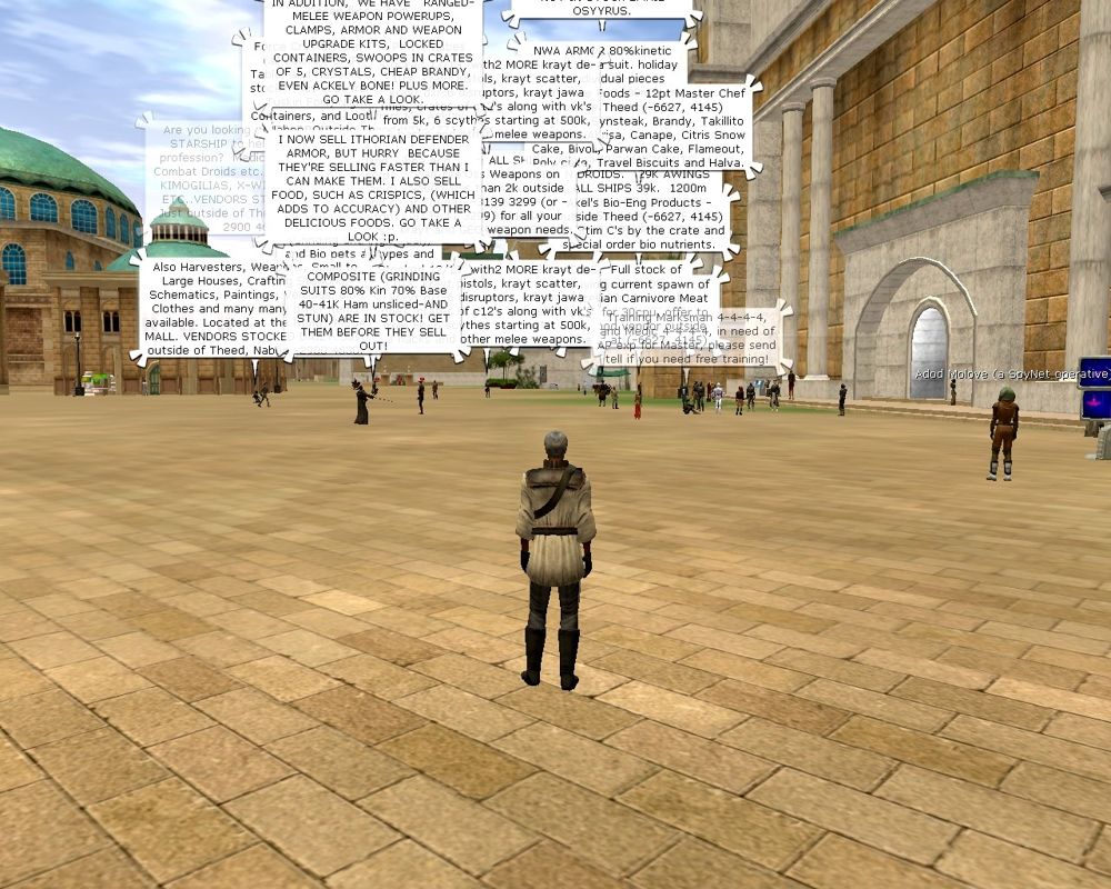 Star Wars: Galaxies - An Empire Divided (Windows) screenshot: That famous Bria chat spam! Outside the spaceport on Theed, Naboo.