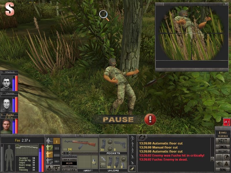 7.62 (Windows) screenshot: Reach out and touch a fellow human being. Note the grammar in the log window: "Enemy was Fuchs hit in..."?