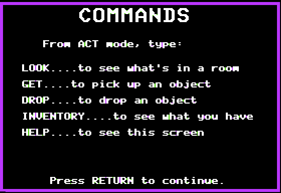 FOR your NEXT Adventure (Apple II) screenshot: Available Commands