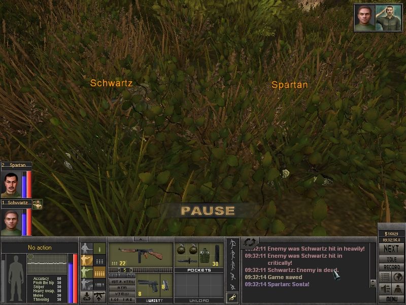 7.62 (Windows) screenshot: Two mercenaries crawling hidden in high grass and thick bushes.