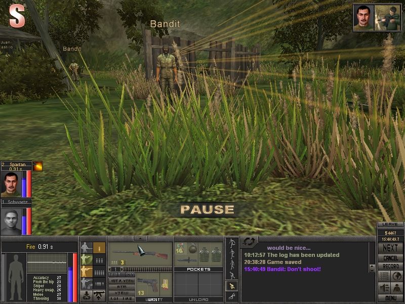 7.62 (Windows) screenshot: A poor bandit begs for his life as a swarm of buckshot is coming his way.