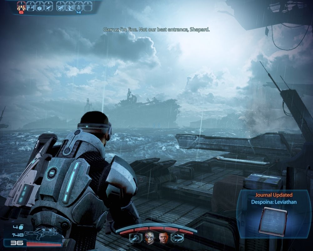 Mass Effect 3: Leviathan (Windows) screenshot: Fast forward .. we arrive at our final destination. It looks like a Bermuda Triangle kind of place. It's littered with shipwrecks, most of them ancient.