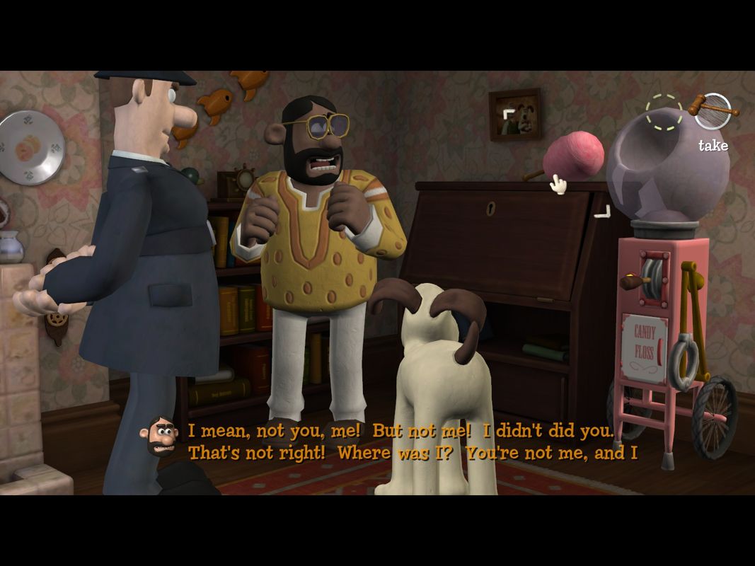Wallace & Gromit in The Last Resort (Windows) screenshot: Mr. Dibbins questions Mr. Paneer about the situation.