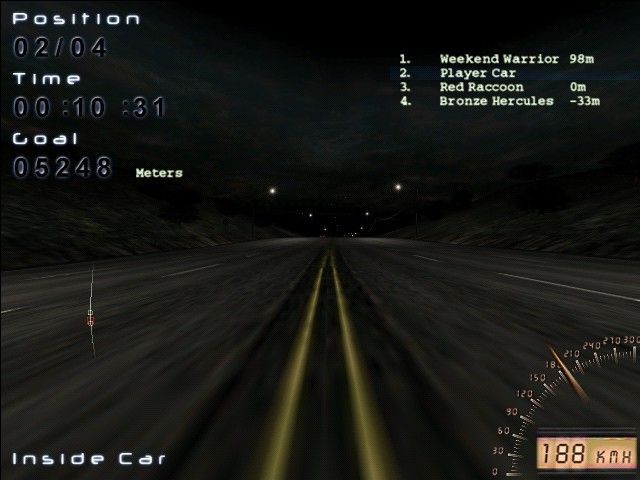 Midnight Racing (Windows) screenshot: Racing with the "inside car" camera.
