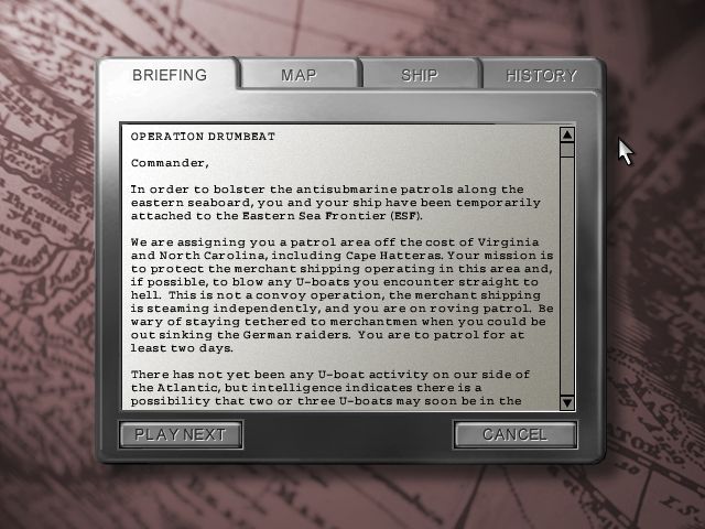 Destroyer Command (Windows) screenshot: Briefing Panel