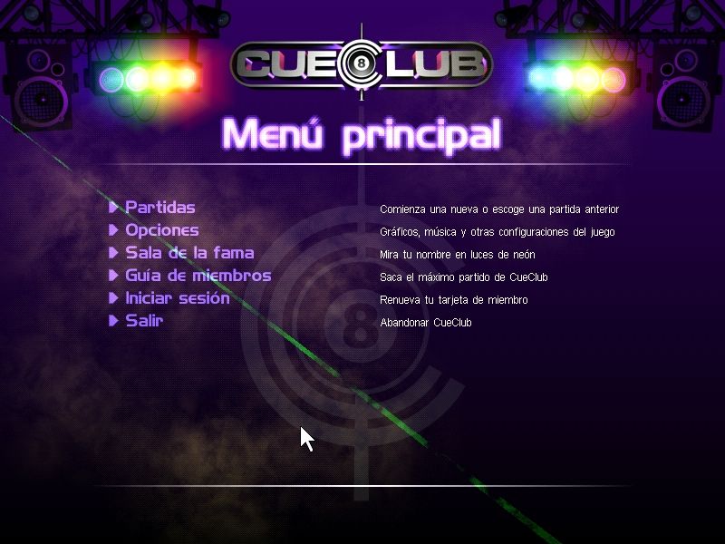 Cue Club (Windows) screenshot: Main menu screen