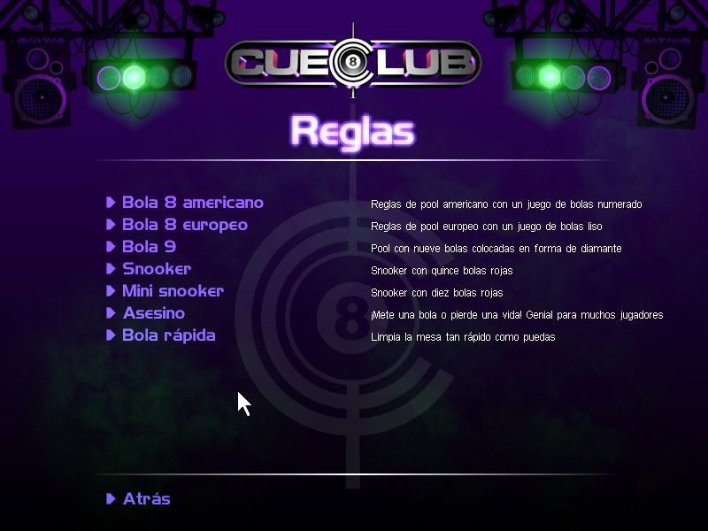 Cue Club (Windows) screenshot: Seven different games rules