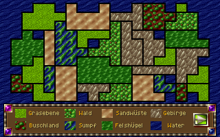 Heirs to the Throne (DOS) screenshot: Each land is created randomly and may contain from 16...