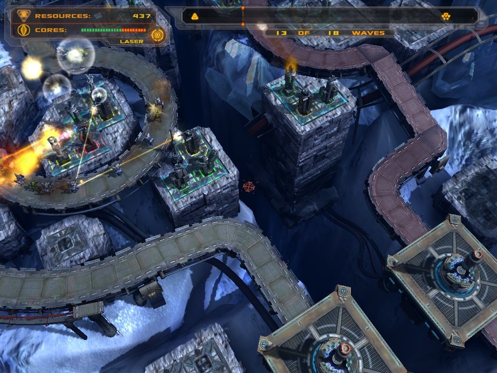 Defense Grid: The Awakening (Windows) screenshot: An icy level where the action goes crazy with two paths needing simultaneous defense.