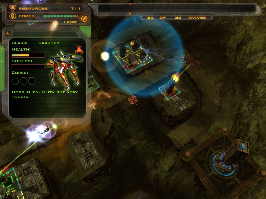 Defense Grid: The Awakening (Windows) screenshot: The temporal distortion tower -- making a blue bubble in layman terms -- slows enemies down.