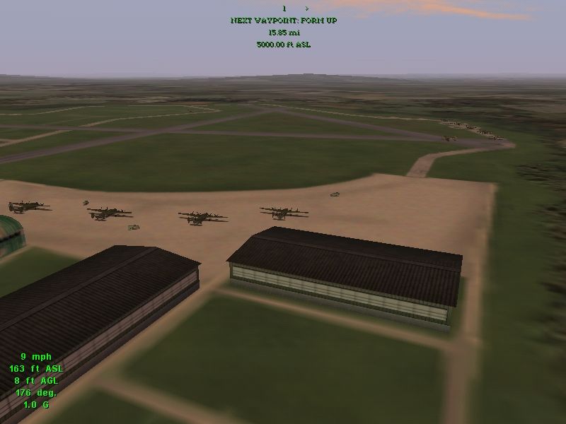 Jane's Combat Simulations: Attack Squadron (Windows) screenshot: Airfield view with the squadron ready to take off, on the distance