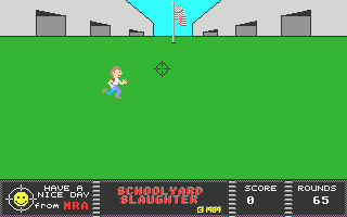 Schoolyard Slaughter (Atari ST) screenshot: A child runs right into the line of fire.