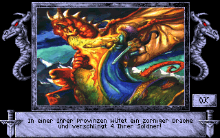 Heirs to the Throne (DOS) screenshot: Beautifully drawn pictures illustrate random events such as a rampaging dragon...