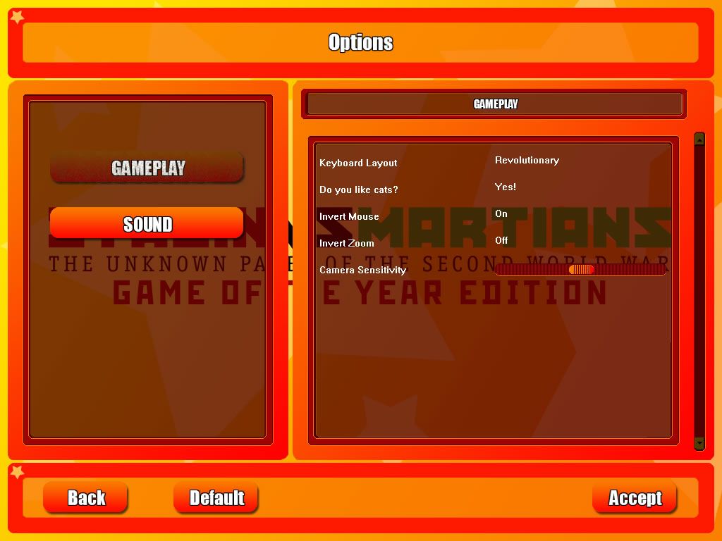 Stalin vs. Martians (Windows) screenshot: Don't forget to state your opinion about cats in the options.