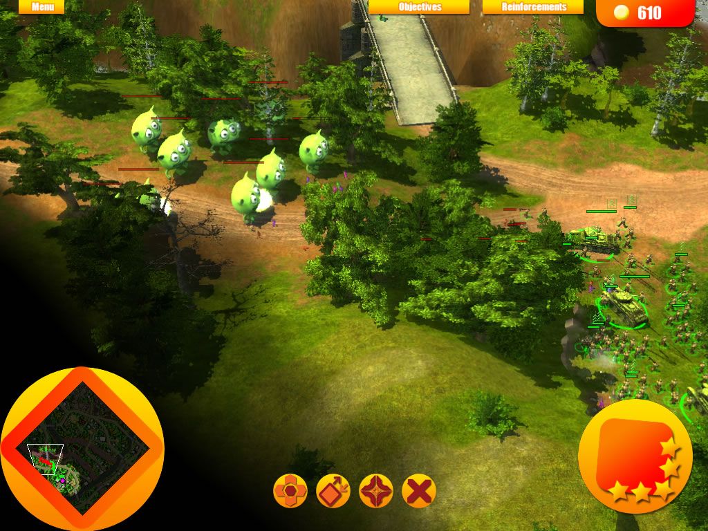 Stalin vs. Martians (Windows) screenshot: Attacking a group of aliens.