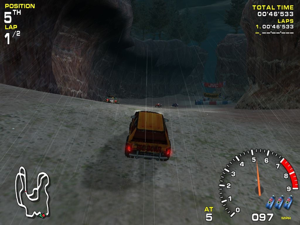 Off-Road Redneck Racing (Windows) screenshot: Racing under the rain in Red Rock Canyon.