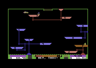 Space Taxi (Commodore 64) screenshot: Naturally, levels get more difficult as the game progresses